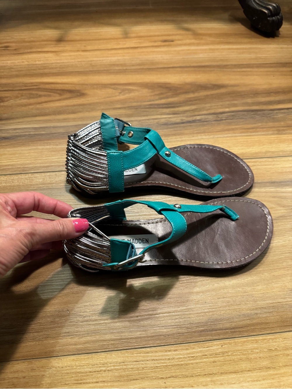 Steve Madden Green T-Strap Sandals with Silver Fringe Accent